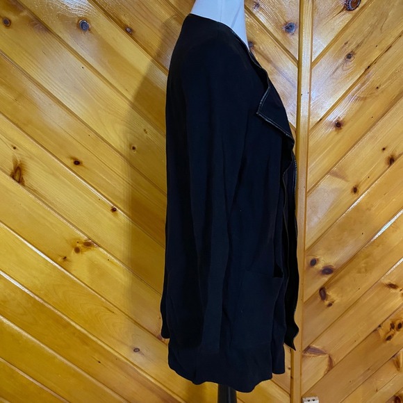Ann Taylor Petite Black NWT Open Cardigan Sweater Faux Leather Trim Pockets L - Picture 7 of 8